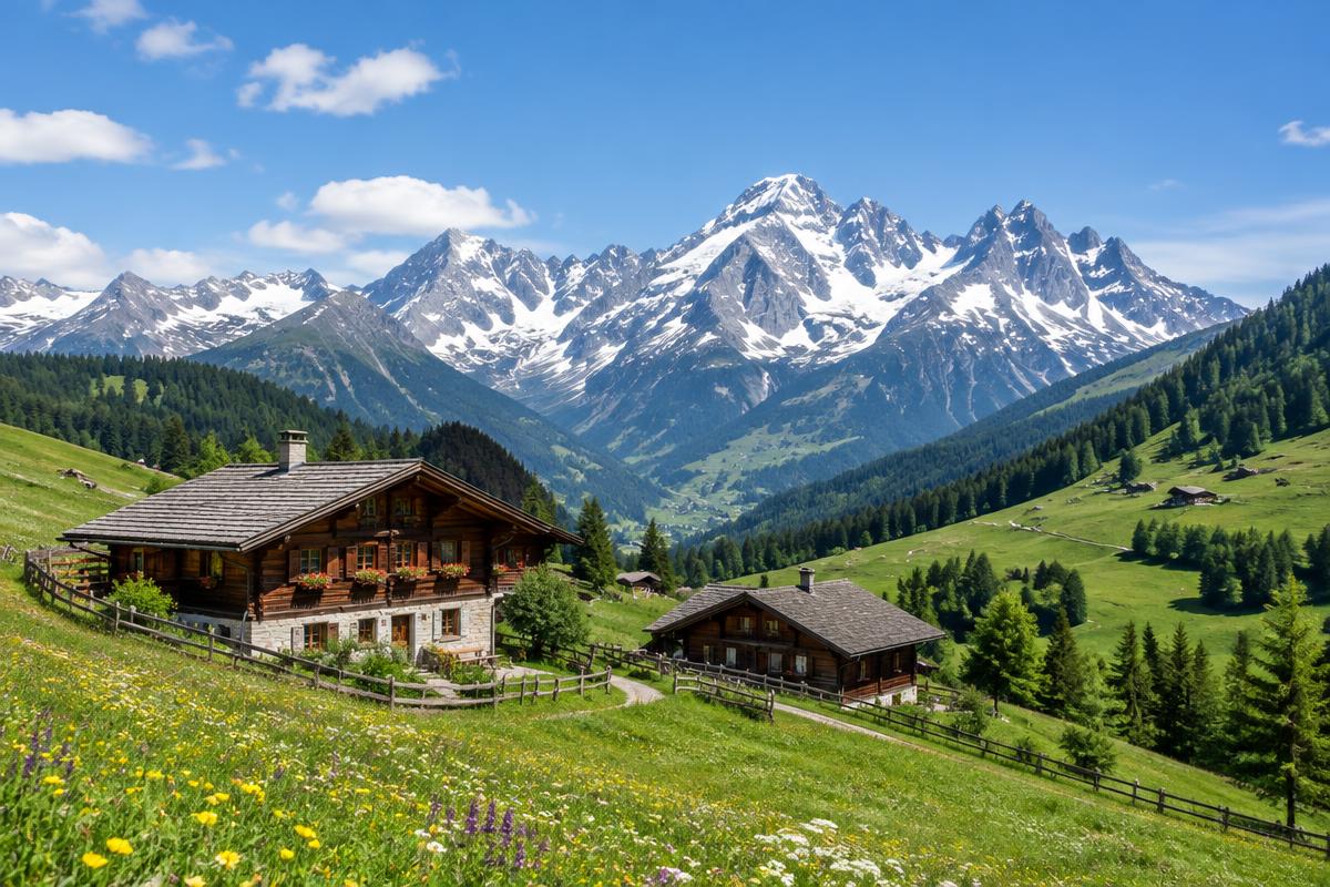Österreichische Berglandschaft mit Almhütten und schneebedeckten Gipfeln