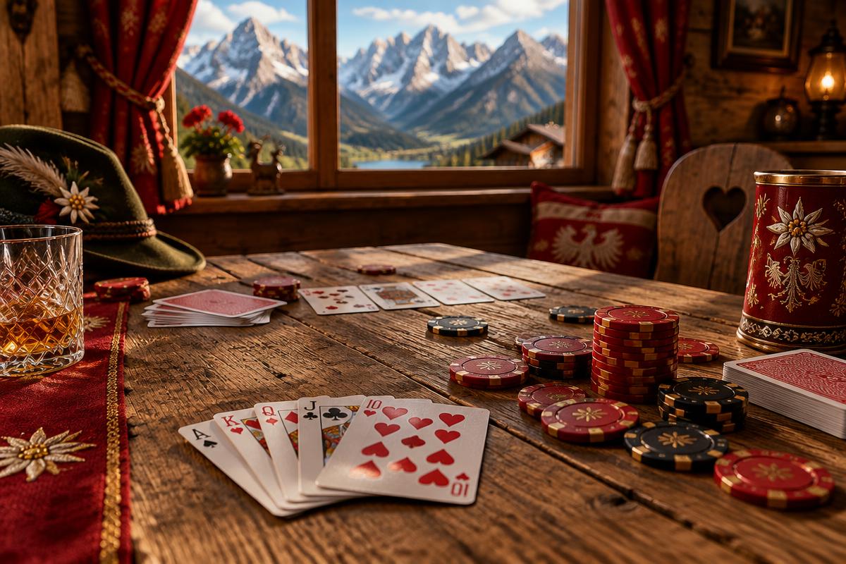 Spielkarten und Chips auf Holztablett mit Alpenblick