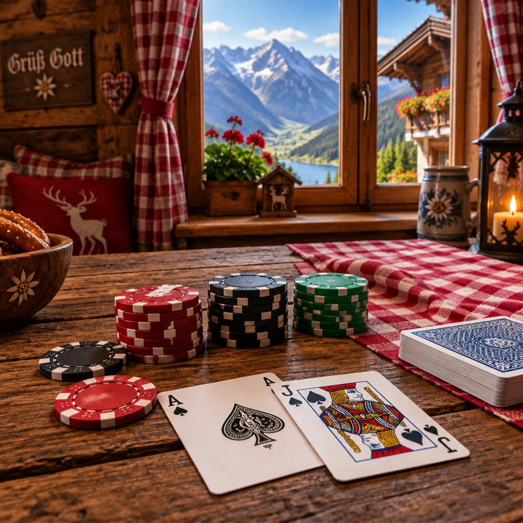 Spielkarten und Chips in einer Tiroler Stube