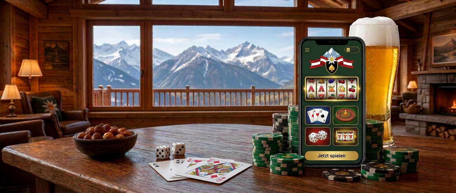 Holzcasino in den österreichischen Alpen mit Panoramafenster, Spielchips, Münzen und Smartphone mit Logo