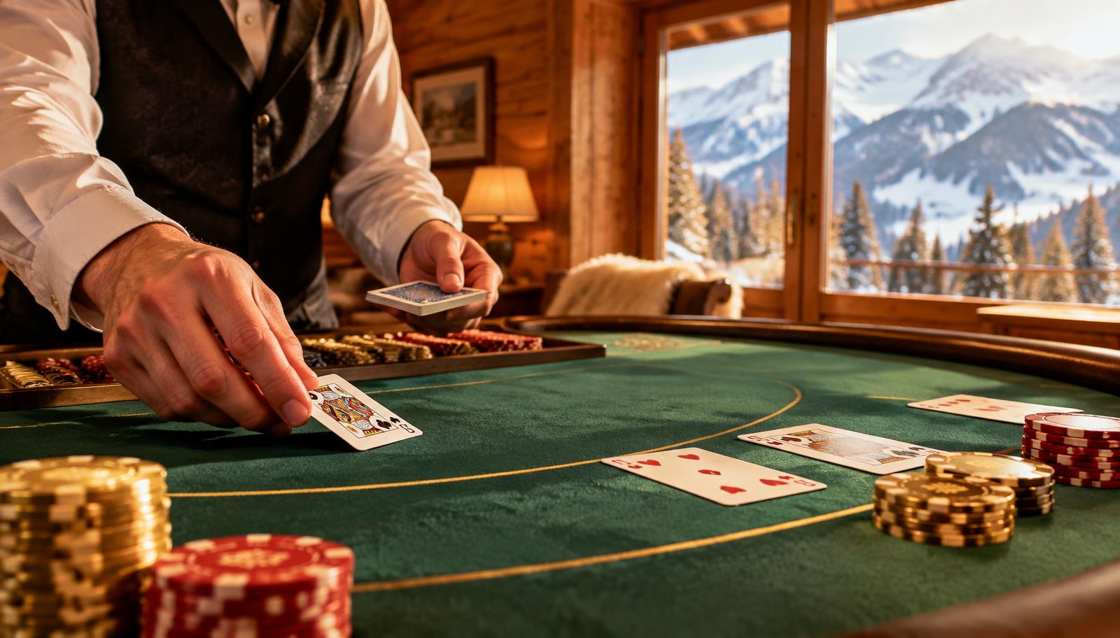 Croupier teilt Karten an einem grünen Blackjack-Tisch mit Chips in einer österreichischen Almhütte