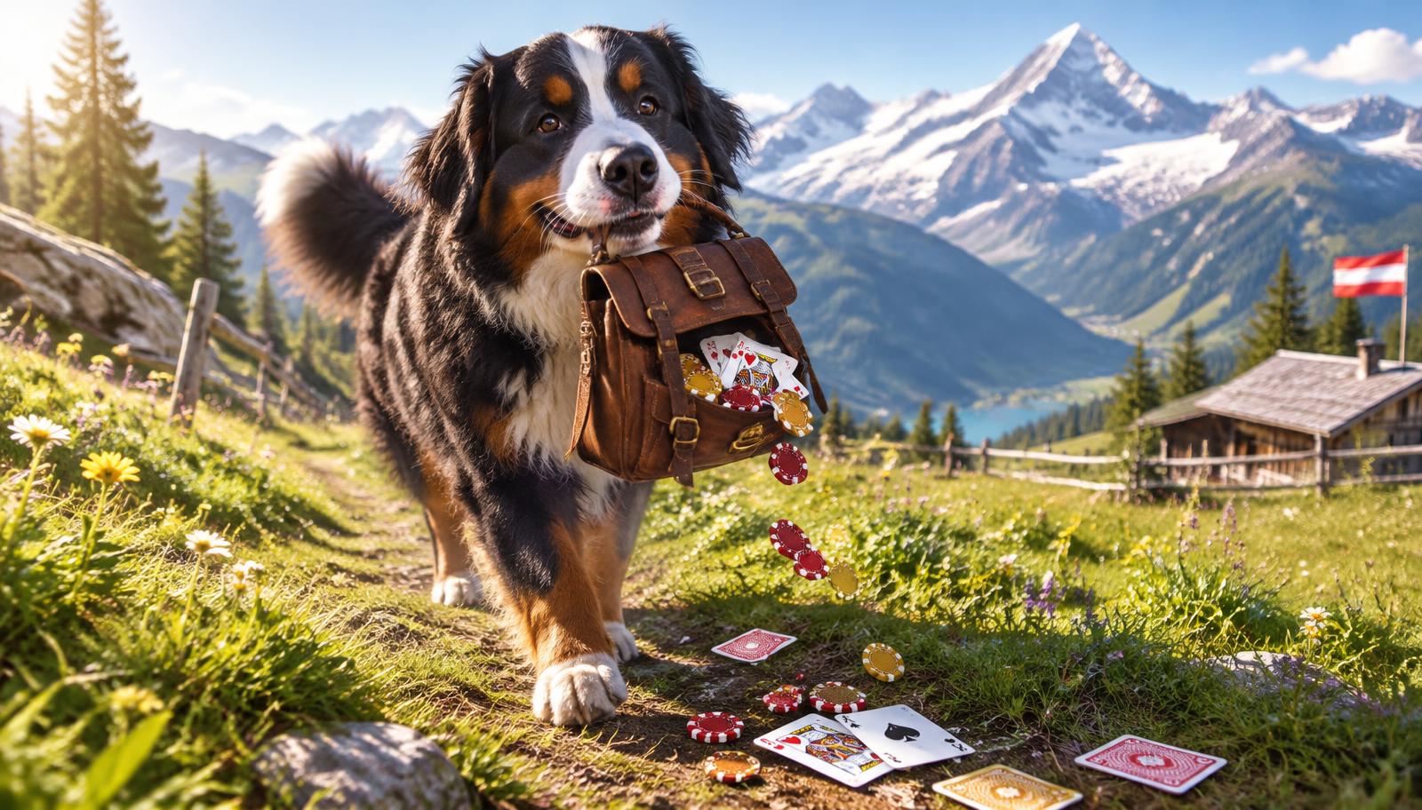 Berner Sennenhund trägt eine Ledertasche mit Spielchips und Karten durch eine Alpenwiese