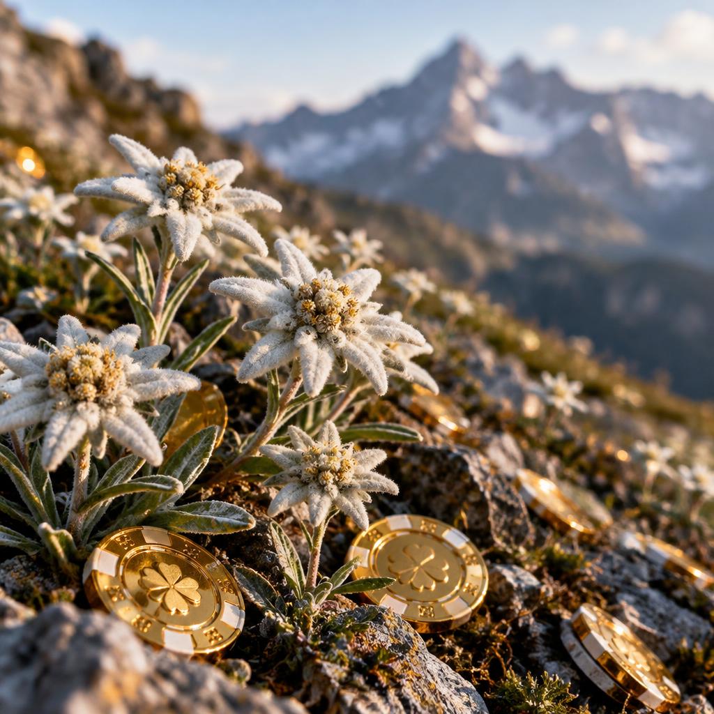 Edelweiß mit goldenen Chips auf einem Alpenhang