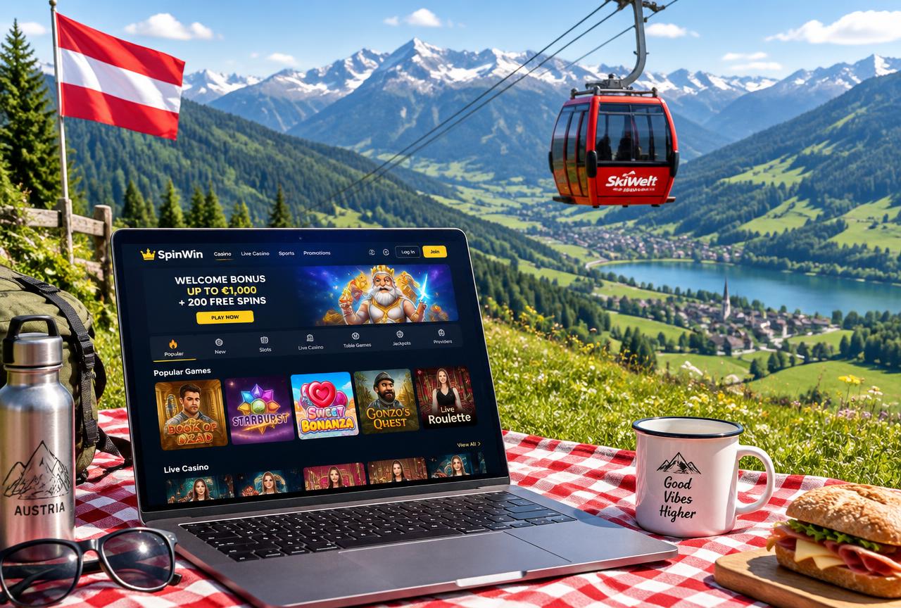 Gondel über einem österreichischen Tal mit Laptop im Vordergrund