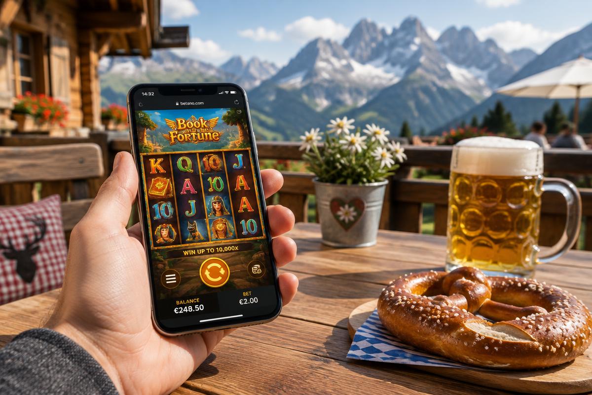 Smartphone mit Casino-App, Brezn und Bier auf einer Alpenterrasse