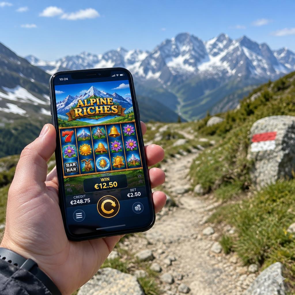 Smartphone mit Slot-Spiel auf einem Alpenwanderweg