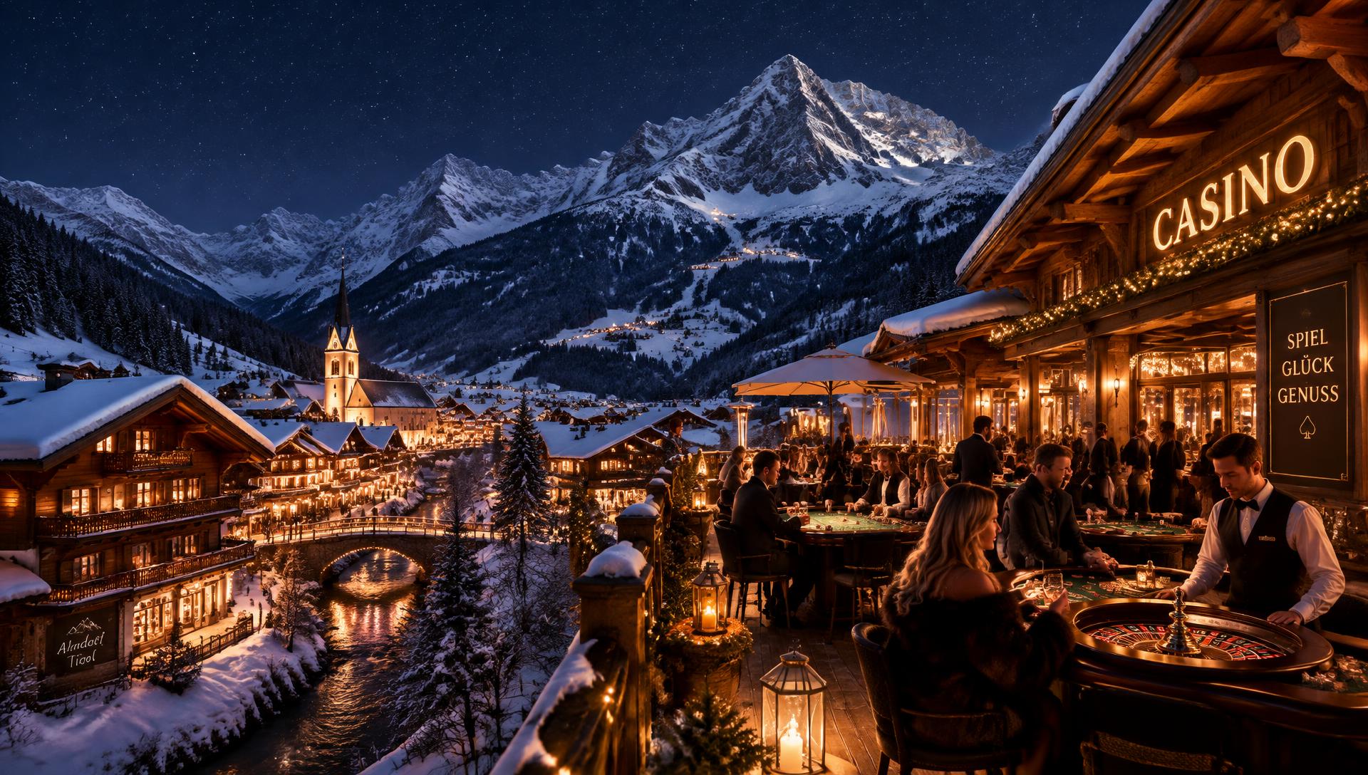 Alpendorf bei Nacht mit Casino-Terrasse