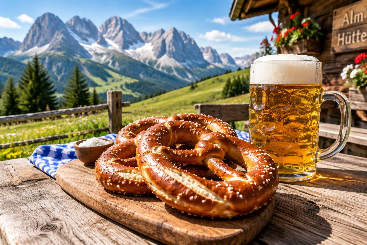 Brezn und Bier auf der Alm mit Bergpanorama