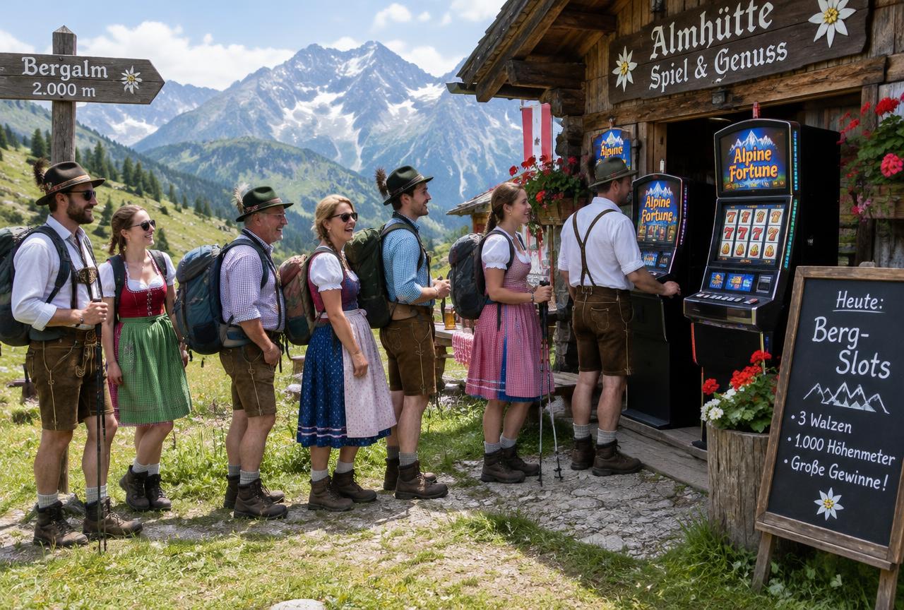 Wanderer in Tracht stehen Schlange vor Spielautomaten an einer Almhütte