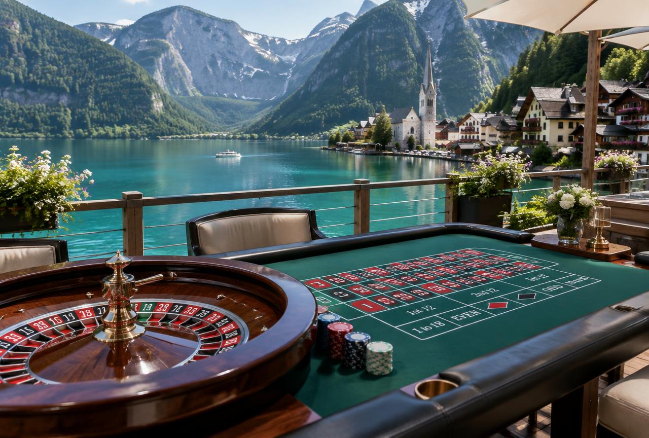 Roulettetisch am Ufer eines Alpensees