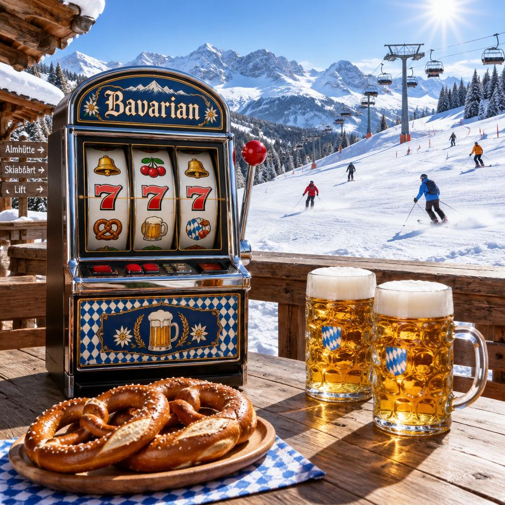 Spielautomat auf einer Alpenterrasse mit Brezn und Bier im Sonnenuntergang