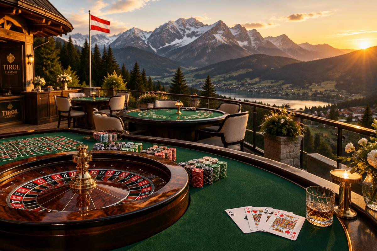 Roulettetische auf einer Alpenterrasse bei Sonnenuntergang